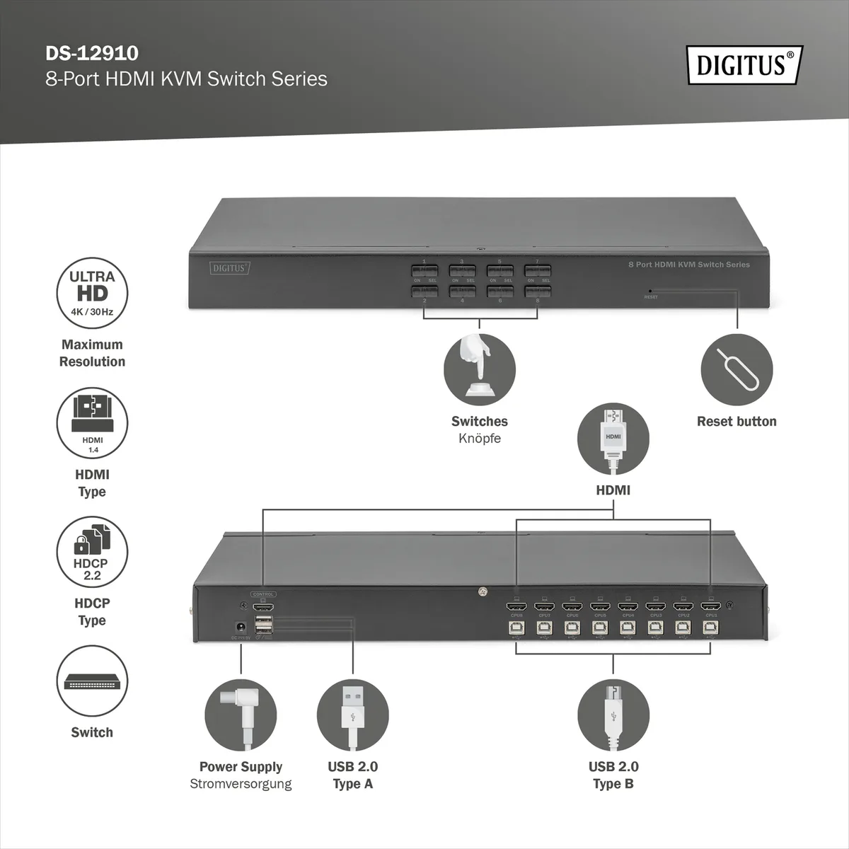 Комутатор DIGITUS 19' HDMI KVM, 8 Port, 4K