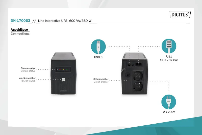 Источник бесперебойного питания DIGITUS 600VA/360W, LED, RJ11, USB, 2xSchuko
