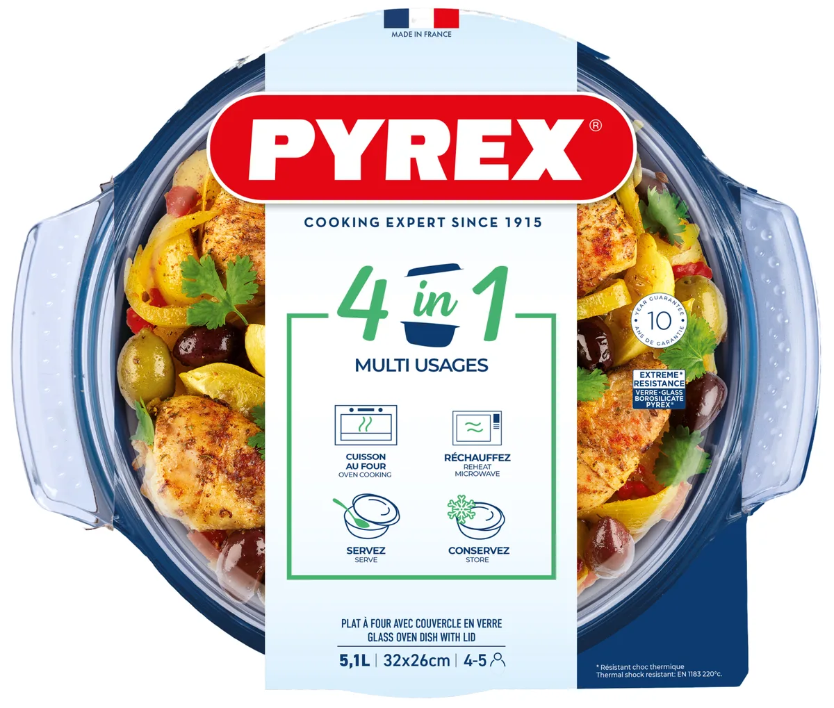 Кастрюля Pyrex боросиликатное стекло 5.1 л 32 см прозрачная с крышкой