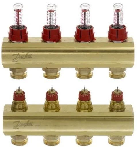 Розподільний колектор Danfoss FHF-F, 4+4 контури, з ротаметрами, латунь