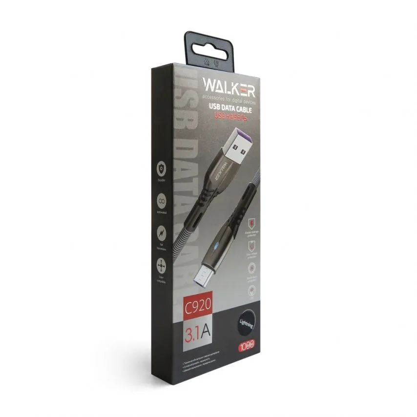 Кабель USB WALKER тканевый 1 м черный Lightning 3,1 А Quick Charge
