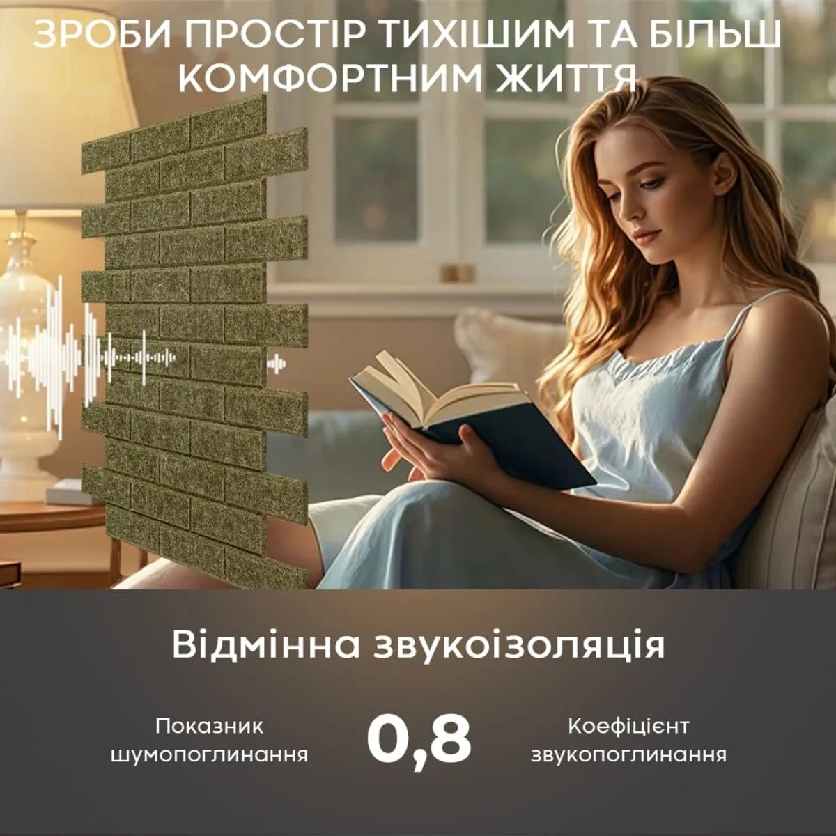 Звукоізоляційна панель 600х600х9 мм самоклеюча полиэфірний войлок Хаки