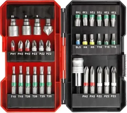Набір бит Einhell KWB, 1/4", тримач для бит, 3 торцеві головки, зенківка, SL, PH, PZ, H, T, кейс 34 шт.