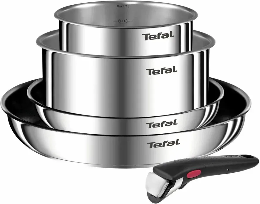 Набір кухонного посуду Tefal Ingenio Emotion, 5 предметів, з нержавіючої сталі та бакелітовими ручками, сріблястого кольору.