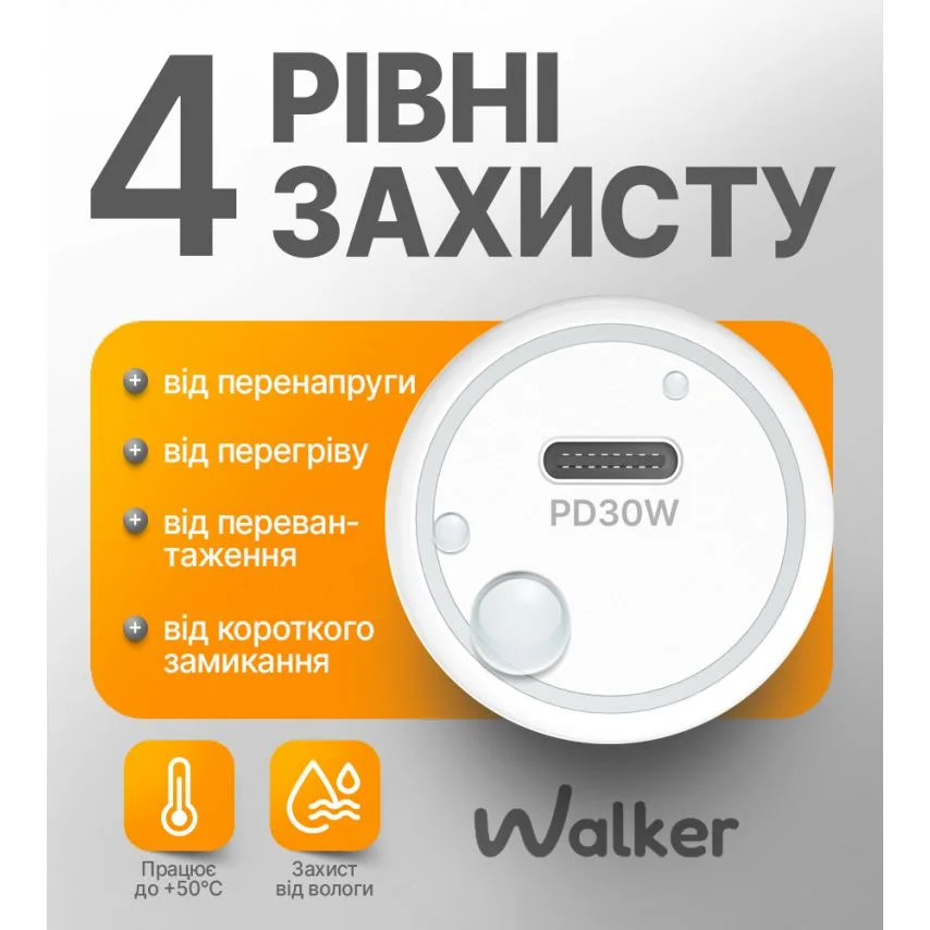 Автомобільний зарядний пристрій WALKER 30W Type-C 1м білий
