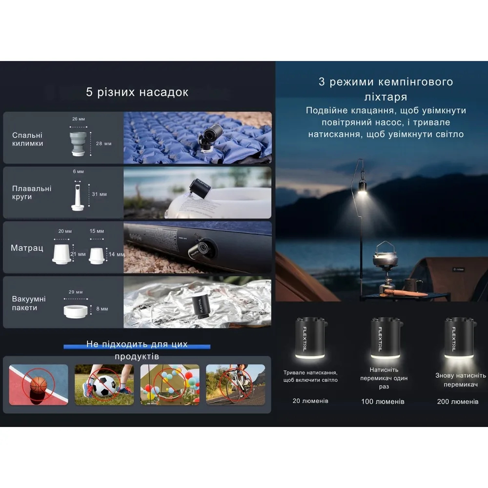 Насос-ліхтар Flextail 3-в-1 USB-C 40х44х54 мм Помаранчевий
