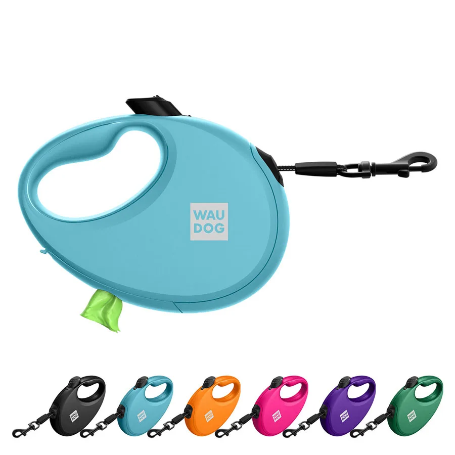 Повідець-рулетка WAUDOG R-leash L 500 см пластиковий блакитний з контейнером для пакетів