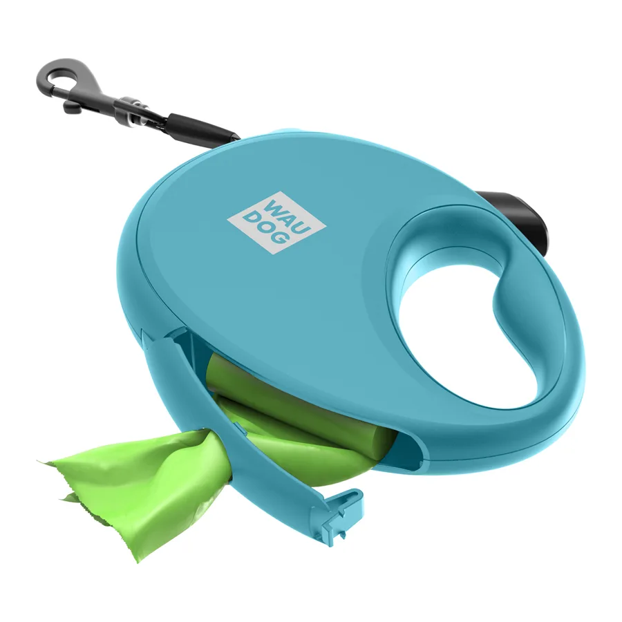 Повідець-рулетка WAUDOG R-leash L 500 см пластиковий блакитний з контейнером для пакетів