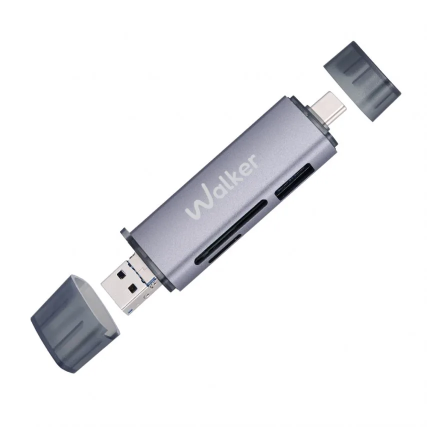Кардрідер WALKER алюмінієвий 87х22х12 мм сірий USB 3.0 Type-C MicroSD SD TF