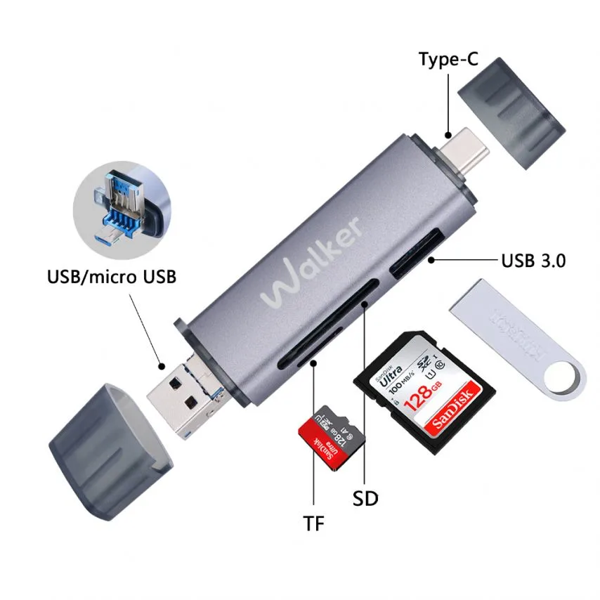 Кардрідер WALKER алюмінієвий 87х22х12 мм сірий USB 3.0 Type-C MicroSD SD TF