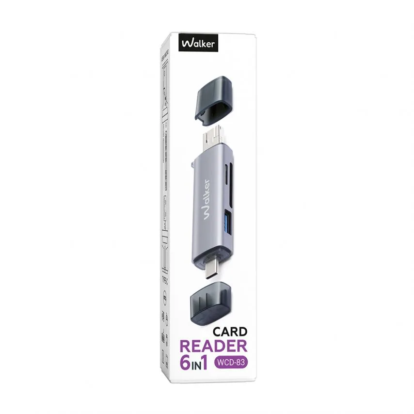 Кардрідер WALKER алюмінієвий 87х22х12 мм сірий USB 3.0 Type-C MicroSD SD TF