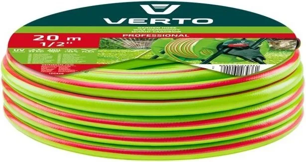 Садовий шланг Verto Professional, 1/2", 20м, трислойний, витримує тиск до 25 бар, температурний діапазон -10...+45°C.