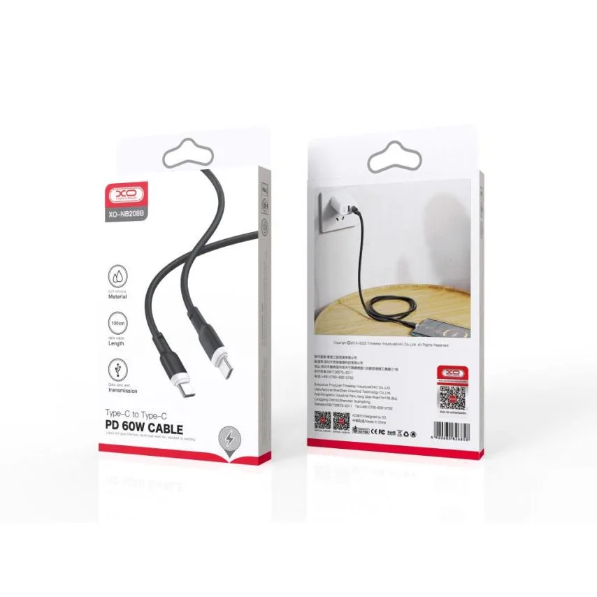 Кабель USB Type-C до Type-C 1м 60W чорний XO силікон