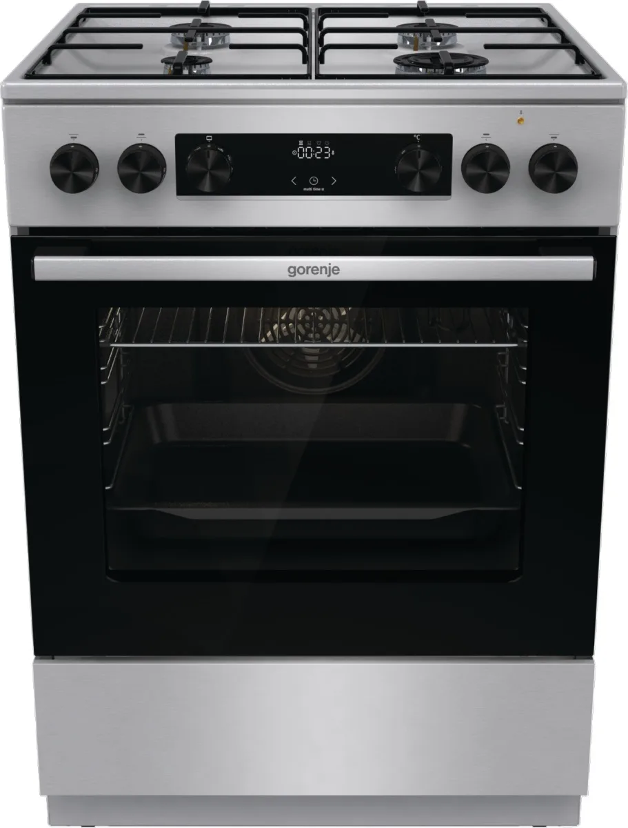 Комбінована плита Gorenje, 71 л, 60x60 см, з дисплеєм, емальованими решітками, програматором IconLed та нержавіючої сталі.