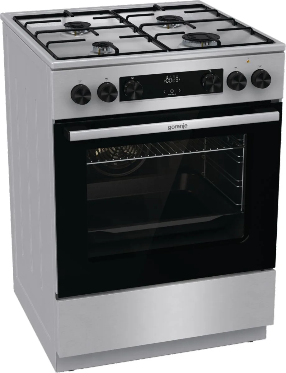 Комбінована плита Gorenje, 71 л, 60x60 см, з дисплеєм, емальованими решітками, програматором IconLed та нержавіючої сталі.