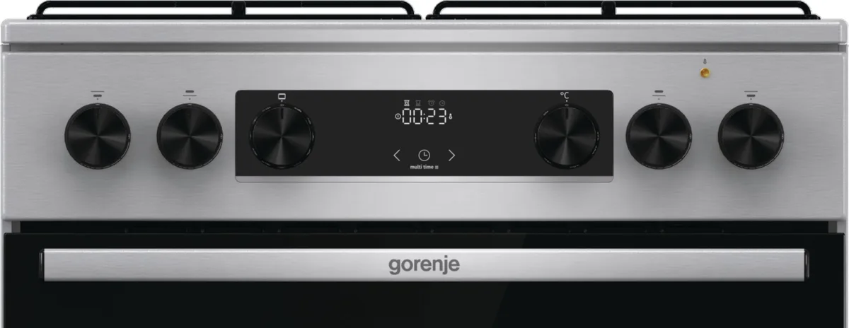 Комбінована плита Gorenje, 71 л, 60x60 см, з дисплеєм, емальованими решітками, програматором IconLed та нержавіючої сталі.