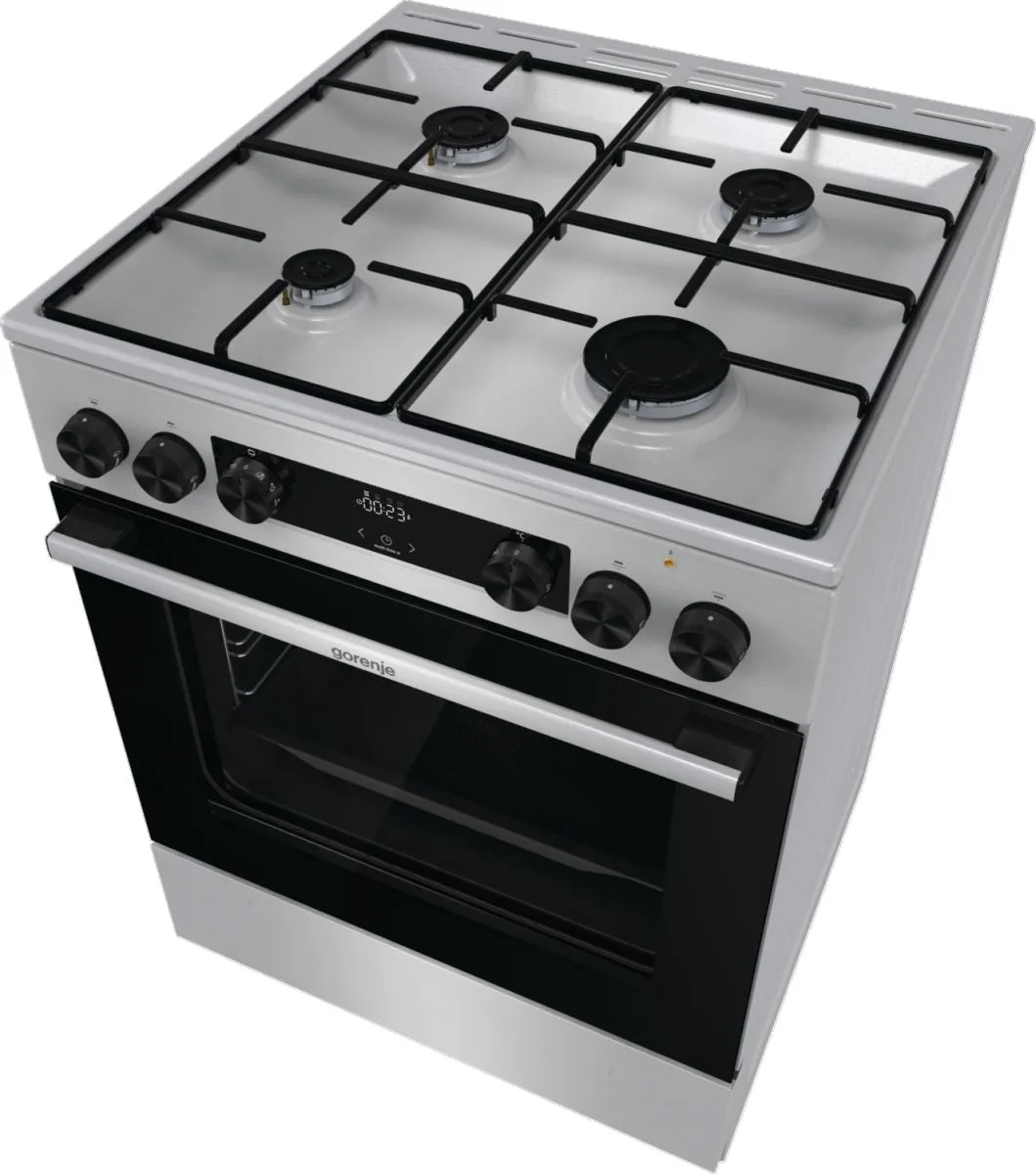 Комбінована плита Gorenje, 71 л, 60x60 см, з дисплеєм, емальованими решітками, програматором IconLed та нержавіючої сталі.
