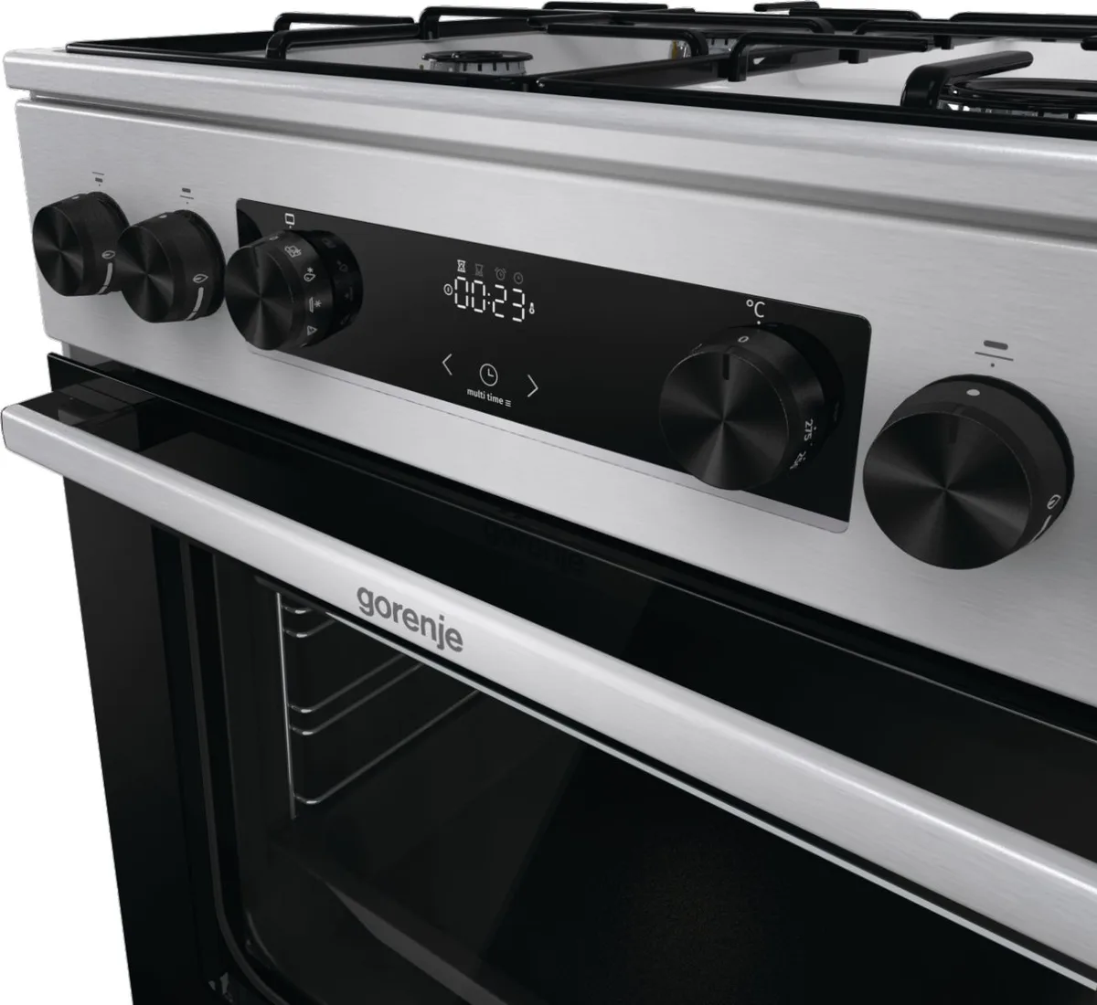 Комбінована плита Gorenje, 71 л, 60x60 см, з дисплеєм, емальованими решітками, програматором IconLed та нержавіючої сталі.