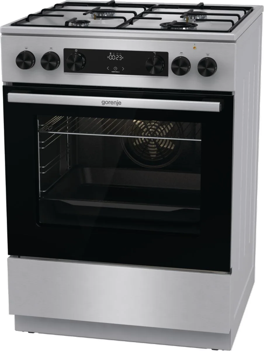 Комбінована плита Gorenje, 71 л, 60x60 см, з дисплеєм, емальованими решітками, програматором IconLed та нержавіючої сталі.