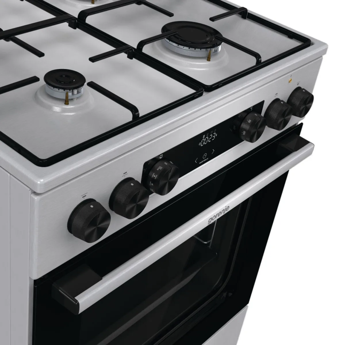 Комбінована плита Gorenje, 71 л, 60x60 см, з дисплеєм, емальованими решітками, програматором IconLed та нержавіючої сталі.