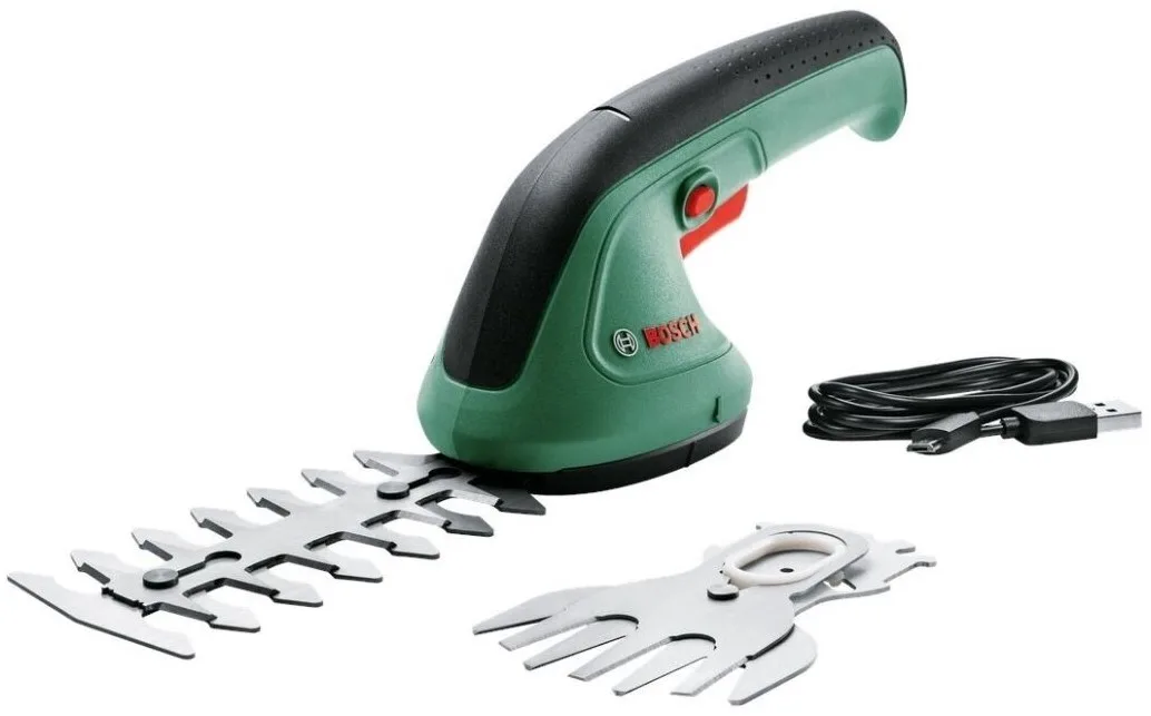 Акумуляторний кущоріз Bosch EasyShear 3.6В, батарея 1х1.5А·год, лезо 12 см, крок різу 8 мм, вага 0.5 кг.