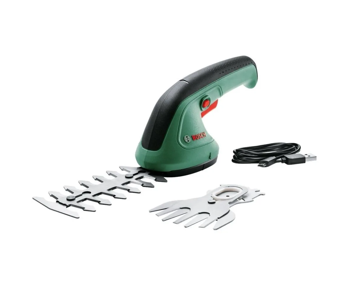 Акумуляторний кущоріз Bosch EasyShear 3.6В, батарея 1х1.5А·год, лезо 12 см, крок різу 8 мм, вага 0.5 кг.