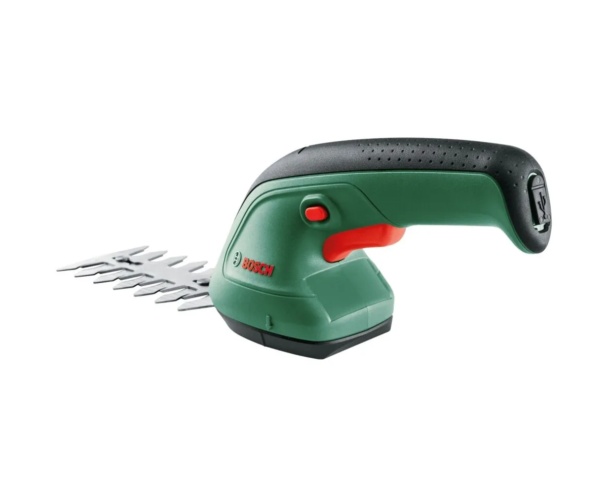Акумуляторний кущоріз Bosch EasyShear 3.6В, батарея 1х1.5А·год, лезо 12 см, крок різу 8 мм, вага 0.5 кг.
