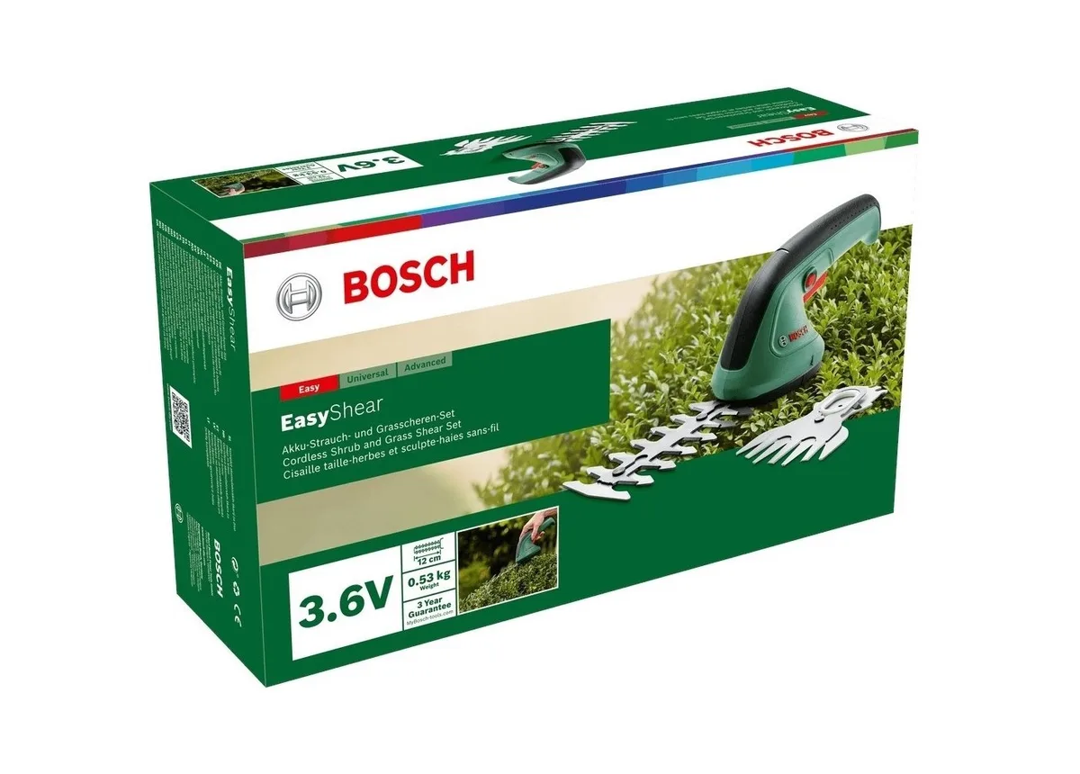 Акумуляторний кущоріз Bosch EasyShear 3.6В, батарея 1х1.5А·год, лезо 12 см, крок різу 8 мм, вага 0.5 кг.