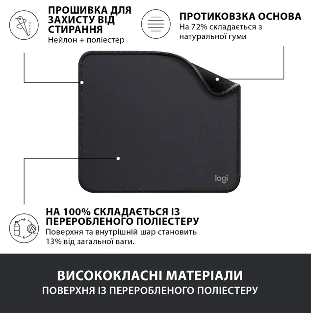 Килимок для миші Logitech Гума 230х200х2 мм Чорний