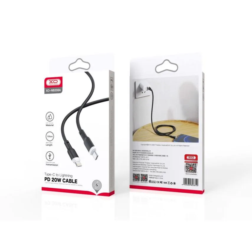 Кабель USB XO силіконовий Type-C to Lightning 1м 20W чорний
