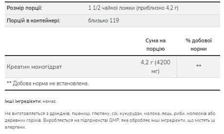 Креатин моногідрат NOW Foods 500 г без добавок