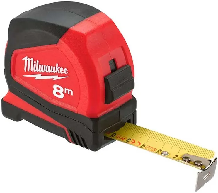 Рулетка Milwaukee Pro Compact, 8м х 25мм, з механізмом фіксації, виготовлена з АБС-пластику.