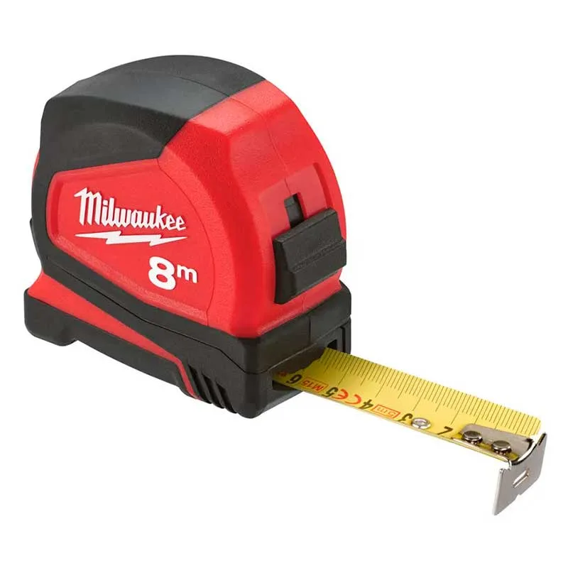 Рулетка Milwaukee Pro Compact, 8м х 25мм, з механізмом фіксації, виготовлена з АБС-пластику.