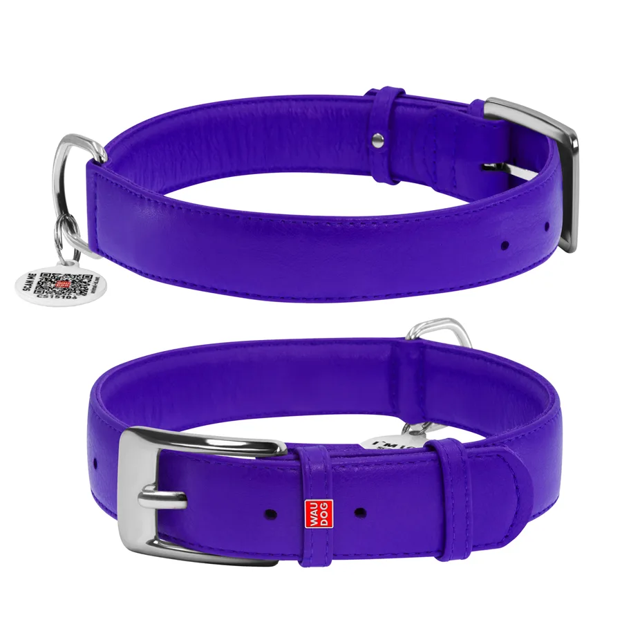Нашийник WAUDOG Glamour XL 35 мм шкіряний фіолетовий 46-60 см з QR паспортом