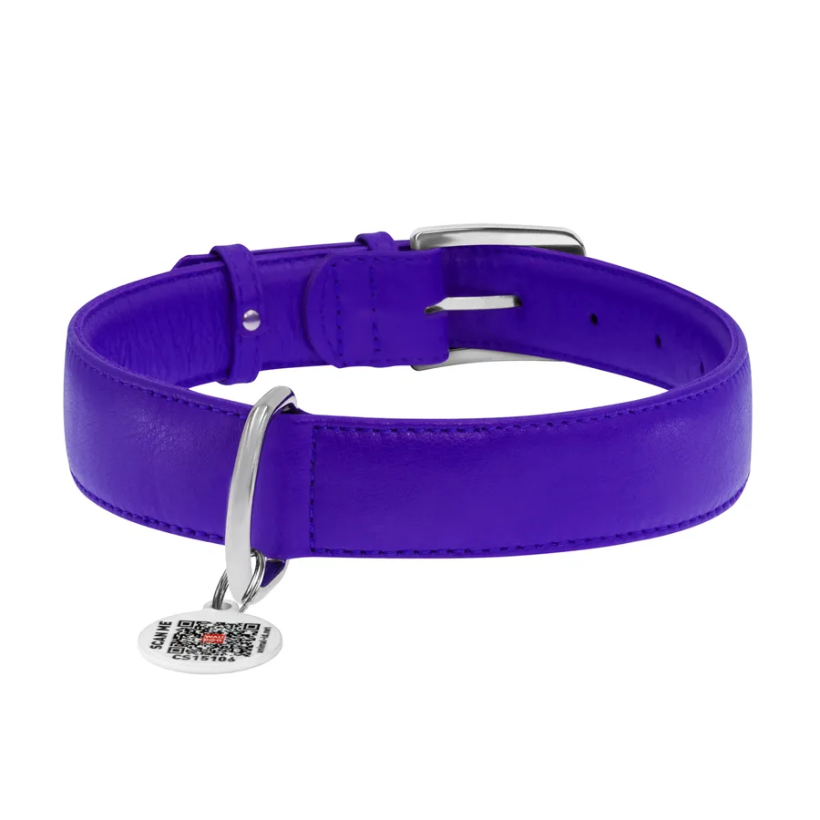 Нашийник WAUDOG Glamour XL 35 мм шкіряний фіолетовий 46-60 см з QR паспортом