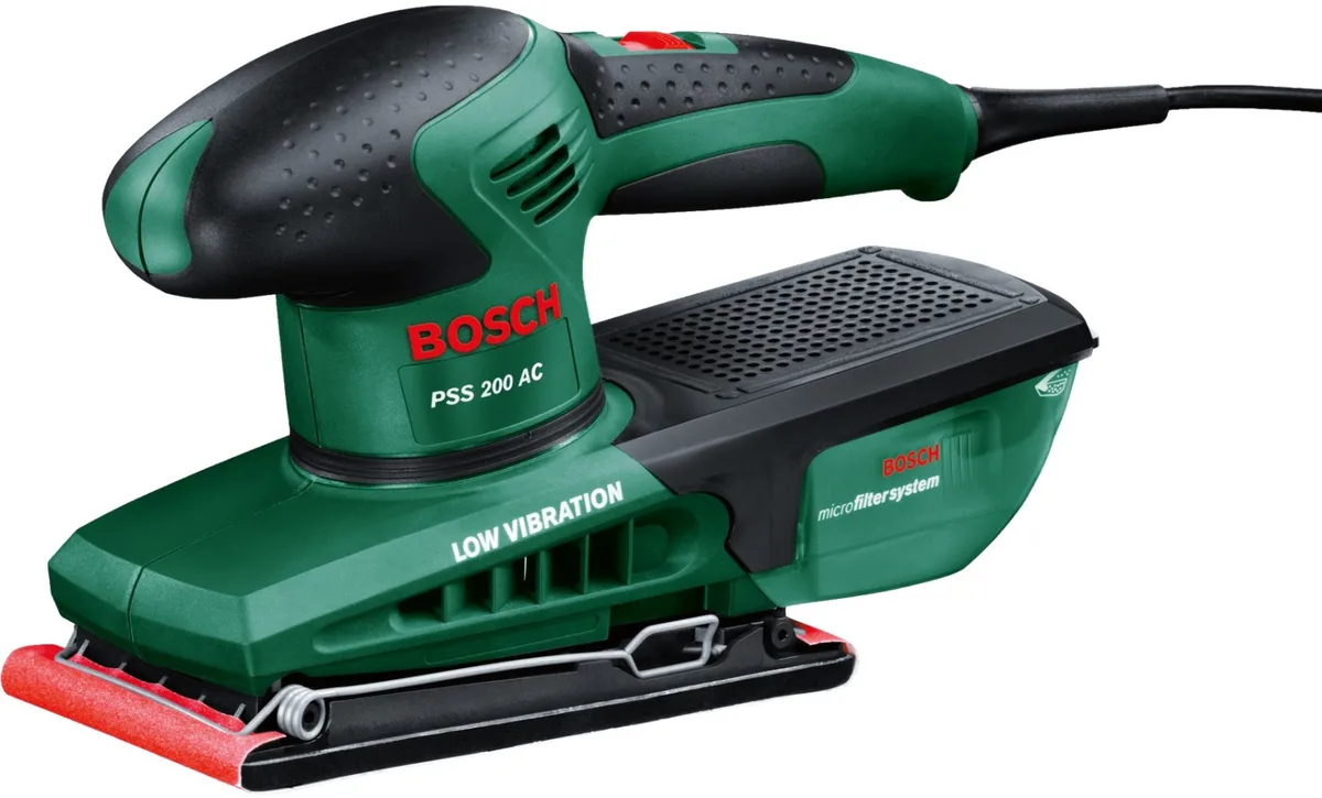 Вібраційна шліфмашина Bosch PSS 200 AC, 200 Вт, платформа 93x230 мм, 24000 об/хв, вага 1.6 кг.
