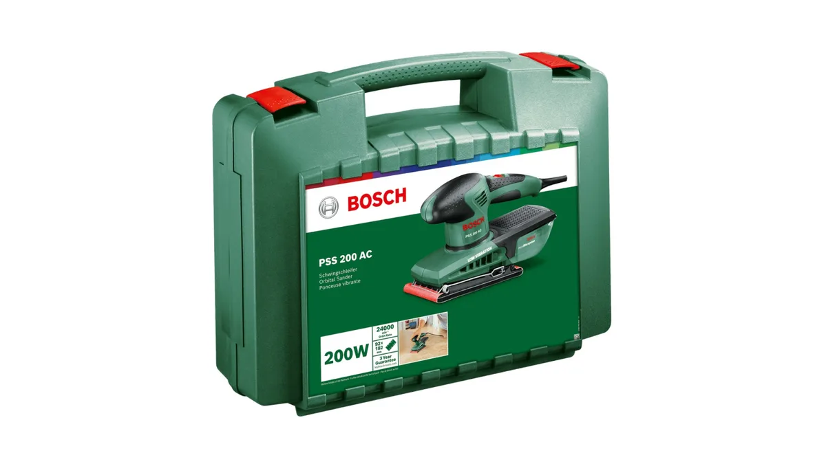 Вібраційна шліфмашина Bosch PSS 200 AC, 200 Вт, платформа 93x230 мм, 24000 об/хв, вага 1.6 кг.