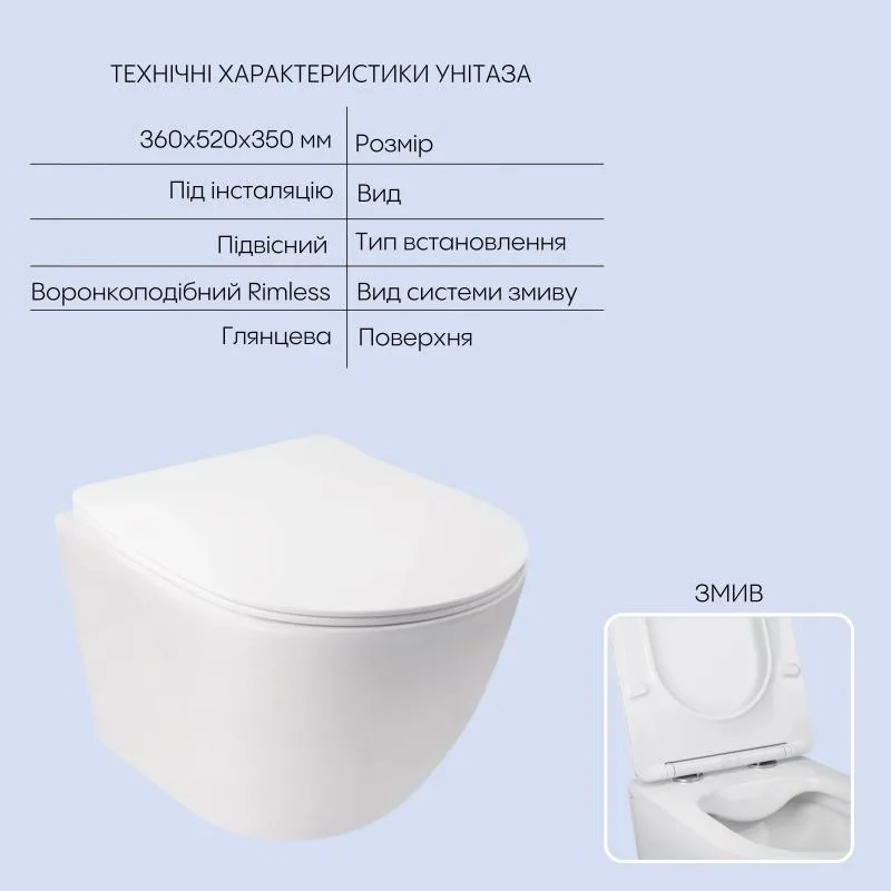 Підвісний унітаз Qtap Jay Rimless комплект інсталяції 350x360x520 мм кераміка білий