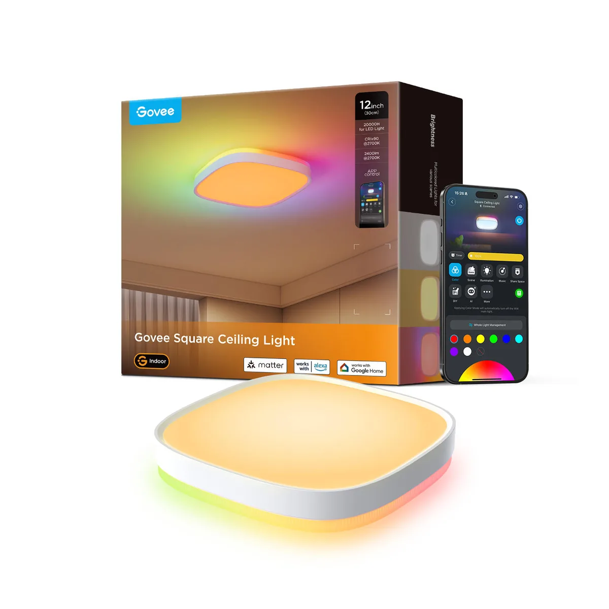 Потолочний світильник Govee H60A4 30cm Smart Square Ceiling Light, RGBWW + RGBIC, WI-FI/Bluetooth, білий
