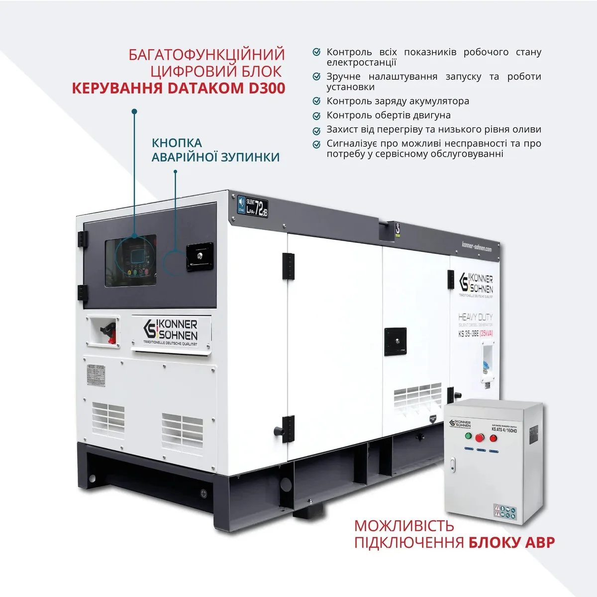 Дизельний генератор KonnerSohnen KS 35-3BE, 230/400В, 35/32кВА, трифазний, електричний стартер, система передстартового підігріву.