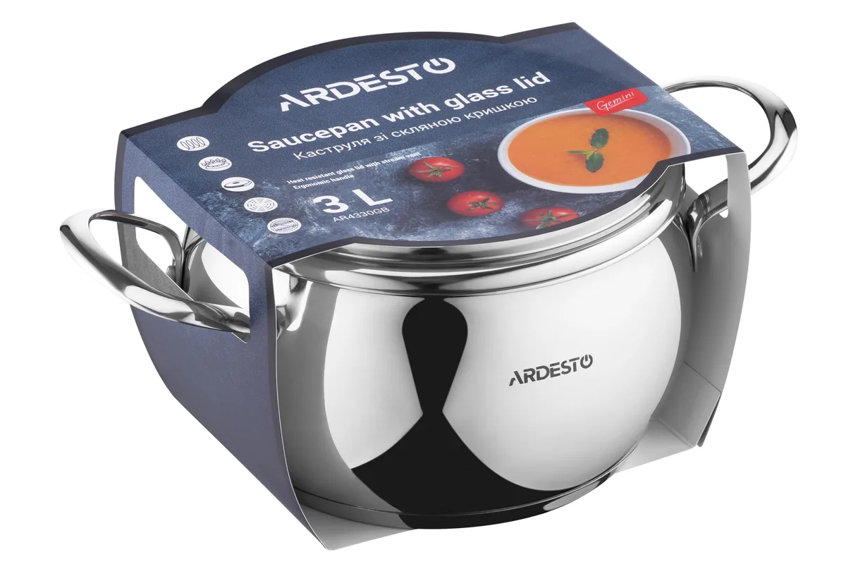 Каструля з прозорою кришкою ARDESTO Gemini Liguria, 3 л, з нержавіючої сталі.