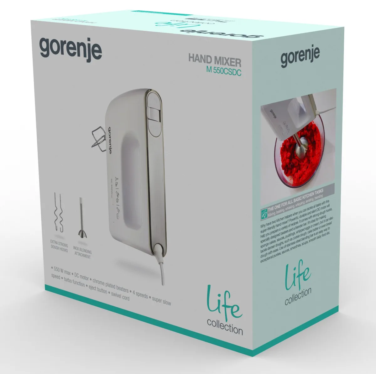 Міксер ручний Gorenje 550Вт з 4 насадками (вінчики) та блендером, з турборежимом, білий.