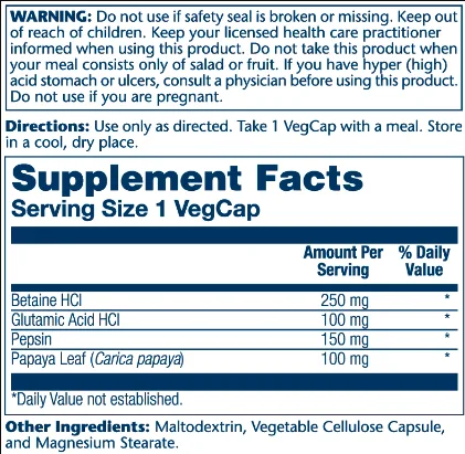 Solaray Betaine HCl 250mg 180 вегетаріанських капсул для травлення