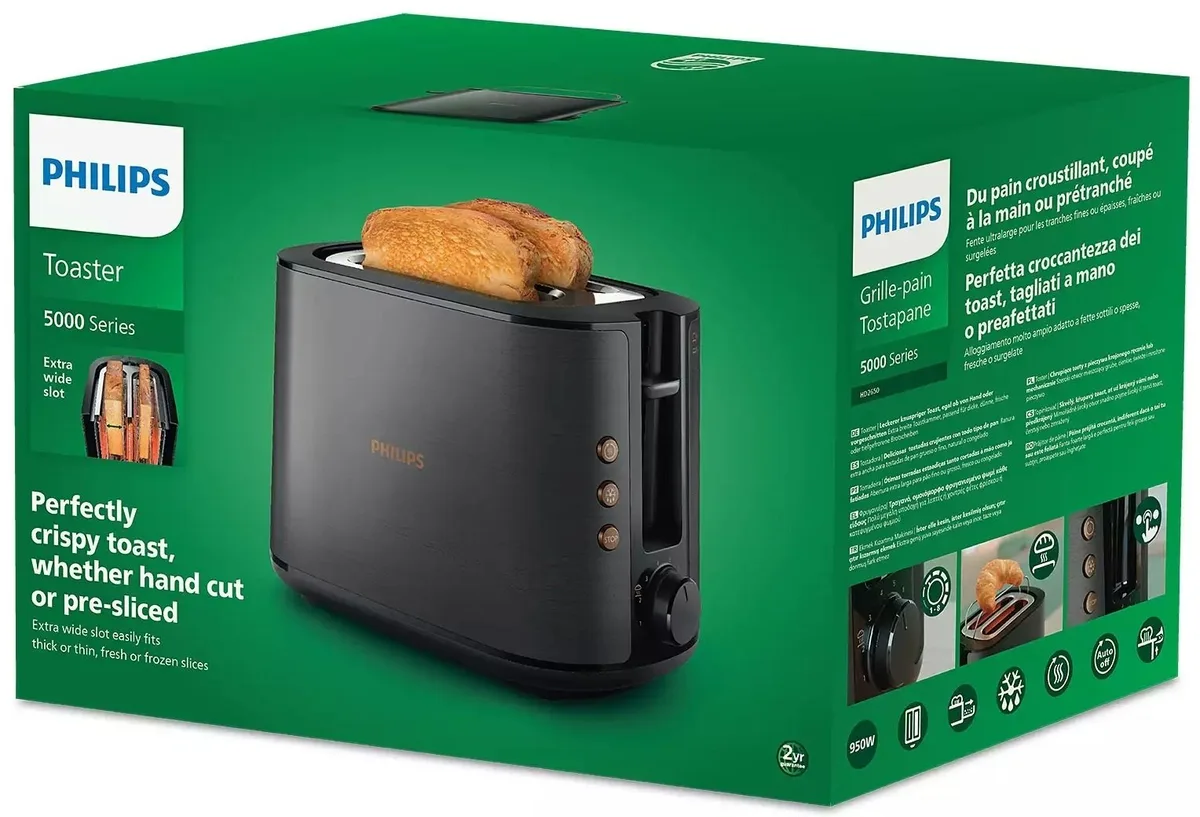 Тостер Philips Viva Series 950 Вт, з нержавіючої сталі, функції підігріву та розморожування.