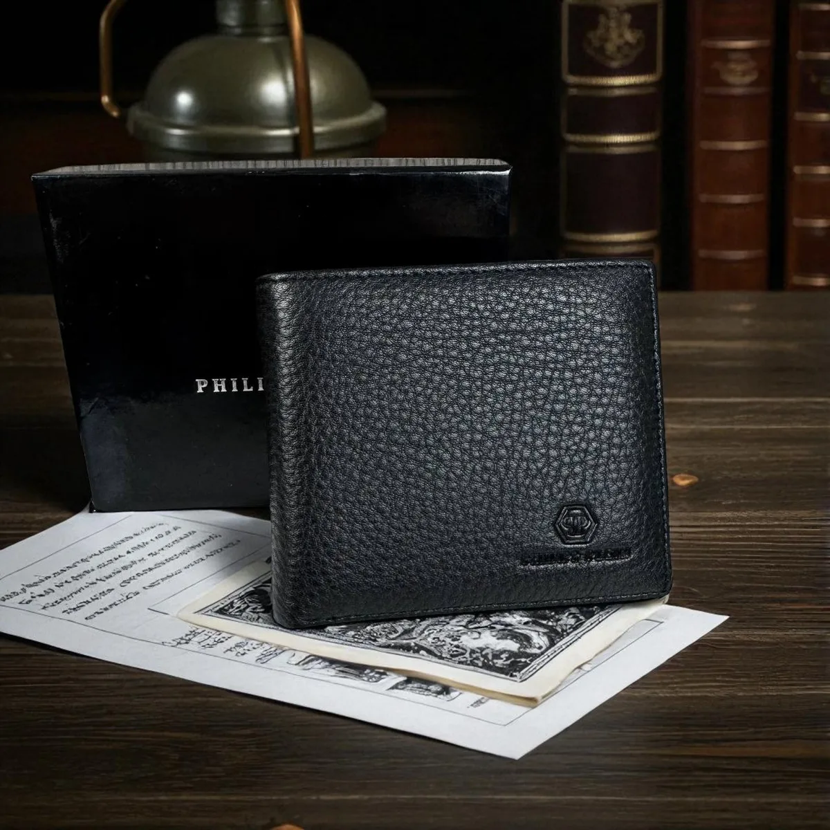Чоловічий шкіряний гаманець Philipp Plein 12х10х1,5 см натуральна шкіра чорний