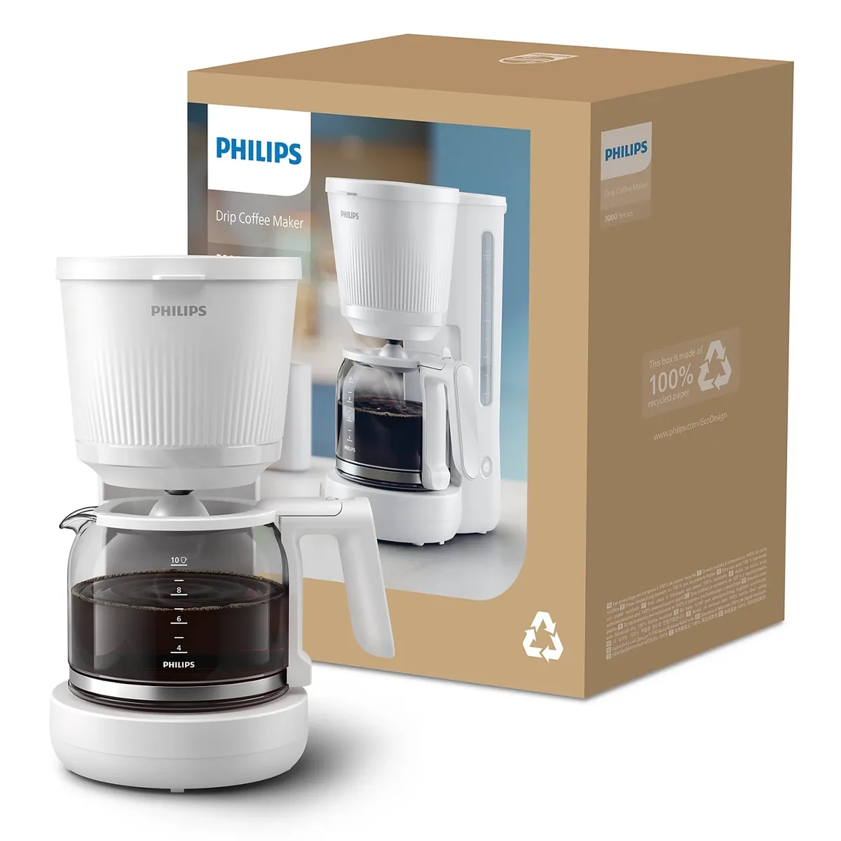 Кавоварка Philips крапельного типу 3000 Series, об'ємом 1.38 л, для меленої кави, з функцією підтримки температури, біла.