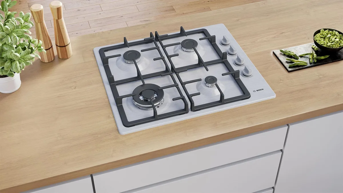 Газова варильна панель Bosch, 60 см, чавунна решітка, WOK, нержавіюча сталь