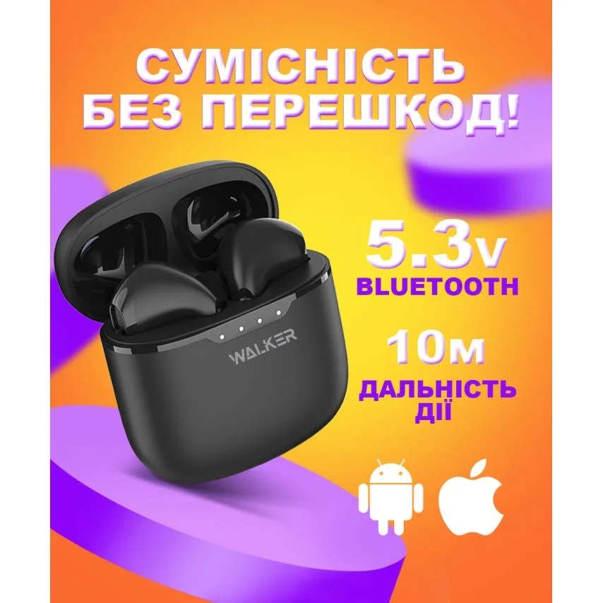 Навушники Bluetooth WALKER ABS чорні 33 мм TWS сенсорні