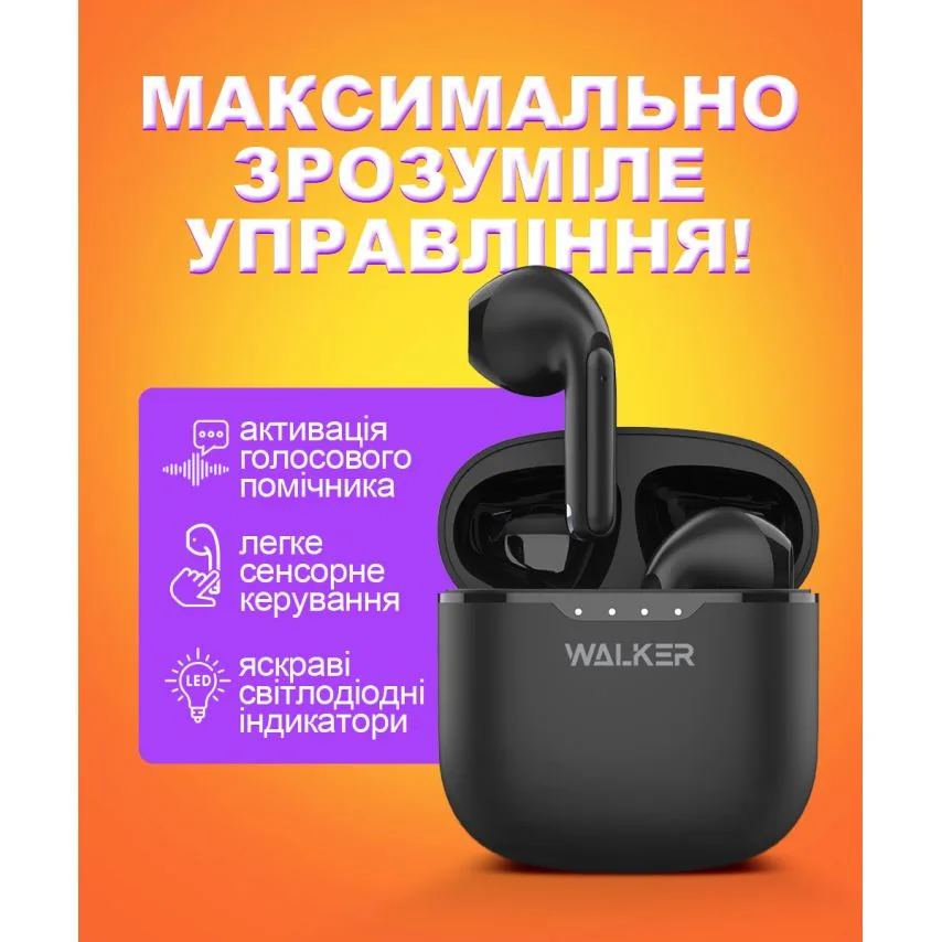Навушники Bluetooth WALKER ABS чорні 33 мм TWS сенсорні
