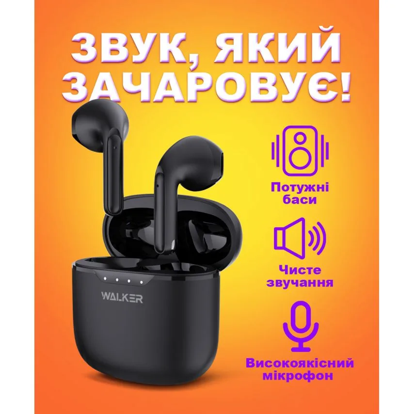 Навушники Bluetooth WALKER ABS чорні 33 мм TWS сенсорні